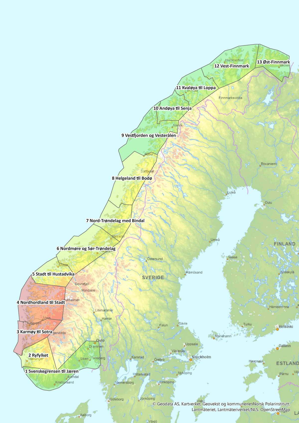 Figur 4.1 Fordeling av de 13 produksjonsområdene for produksjon av laks, ørret og regnbueørret, samt vurderingen av produksjonsområdenes miljøpåvirkning i 2024.1