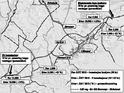 Figur 4.1 Kartskisse – Trafikk og bomstasjonar Lillesand.