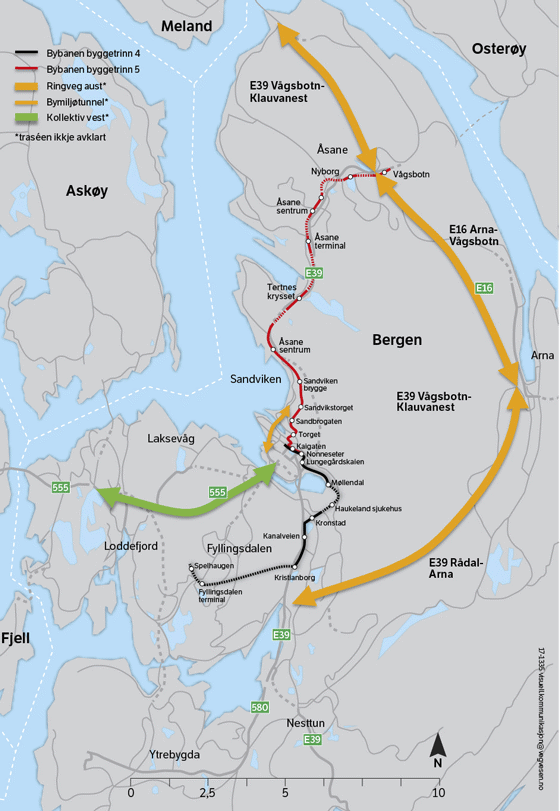 Figur 4.1 Aktuelle prosjekt innafor byvekstavtalen inkludert Bypakke Bergen
