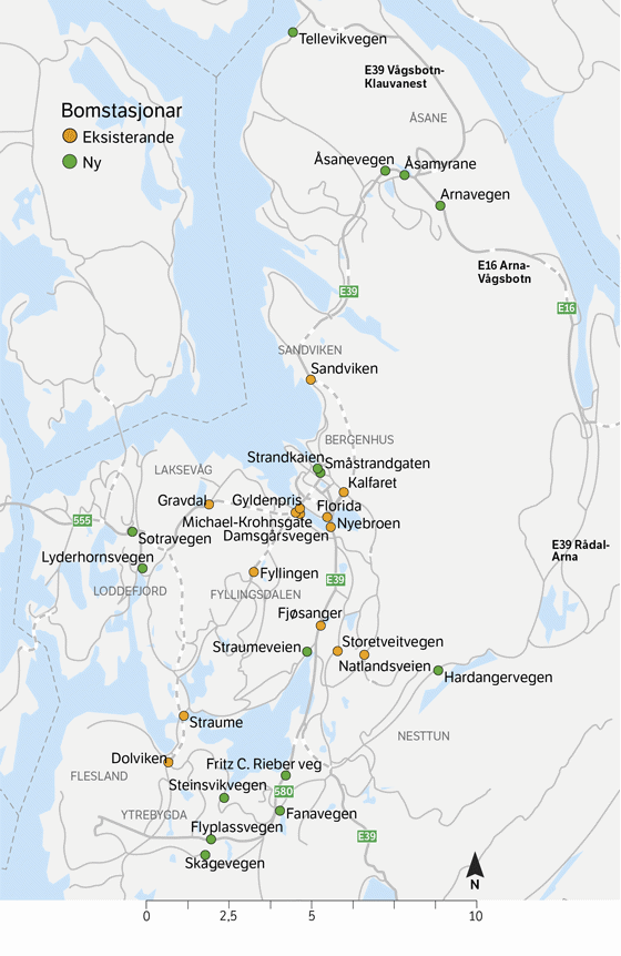 Figur 6.1 Bypakke Bergen – plassering av eksisterande og nye bomstasjonar
