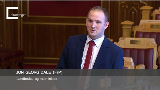Landbruks- og matminister Jon Georg Dale under spørjetimen på Stortinget.
