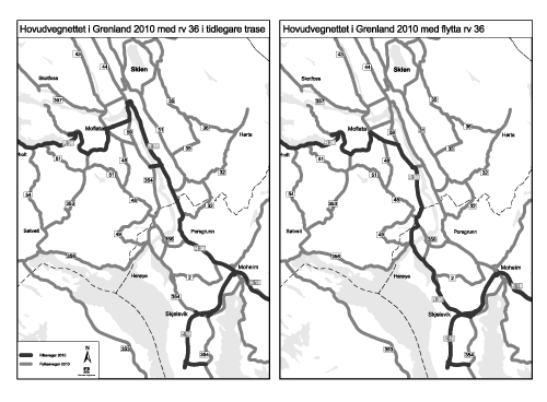 Figur 3.1 Kart over rv 36 og tidlegare rv 354
