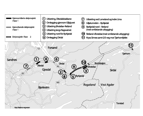 Figur 3.2 Kart Fv 45 i Gjesdal og Sirdal