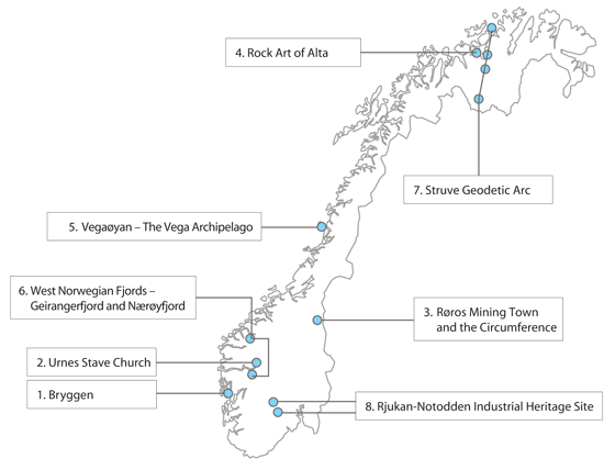 Figure 12.1 Norway’s World Heritage Properties.