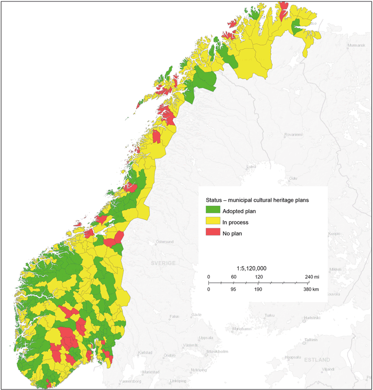 Figure 9.11 Map showing the status for municipal cultural heritage plans in Norway.