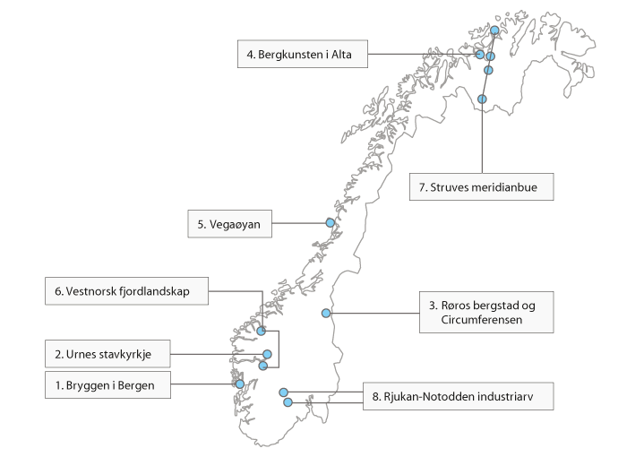 Figur 12.1 Norges verdensarvområder.
