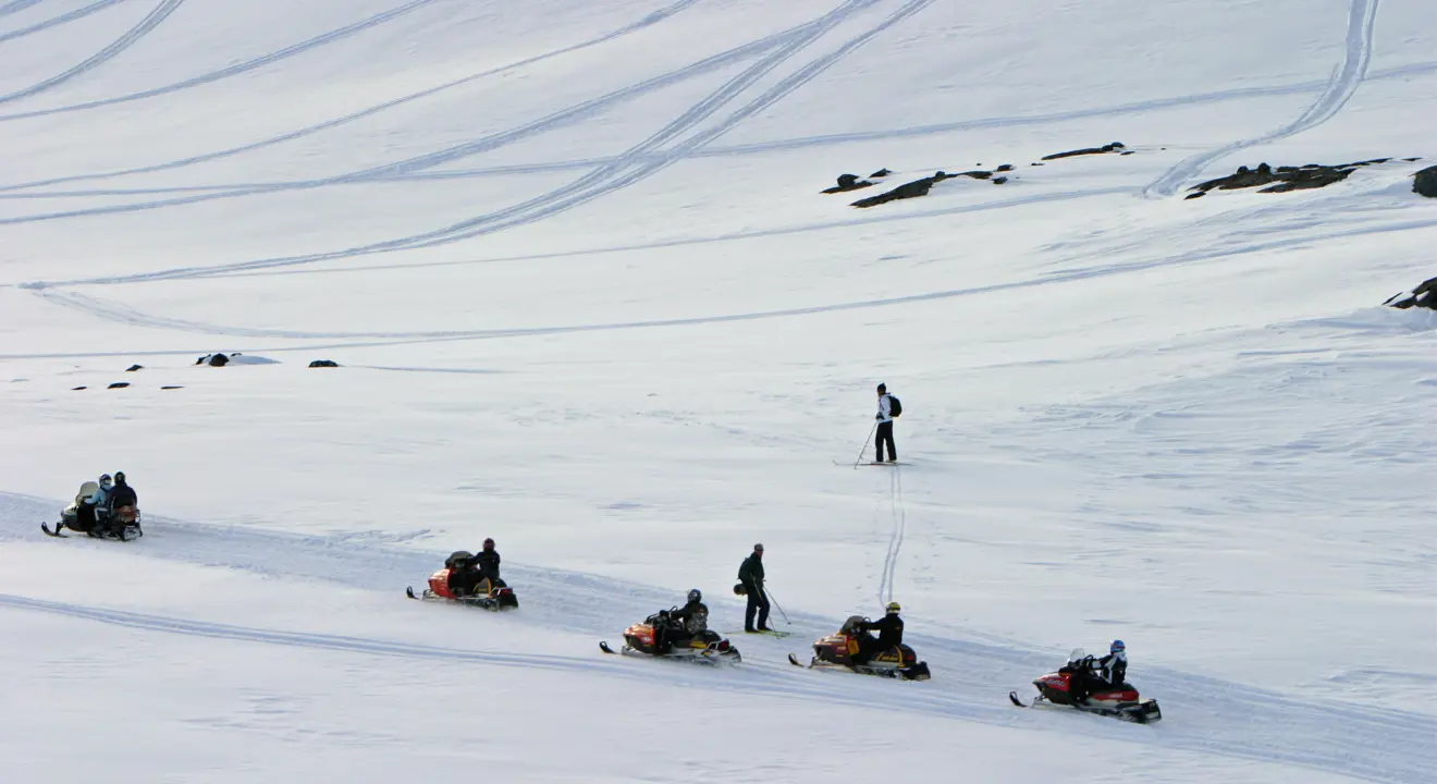 Fem snøskutere kjører på fjellvidda