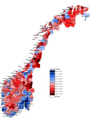 Norgeskart i mange farger, som måler graden av distriktsutfordringer i kommunene.
