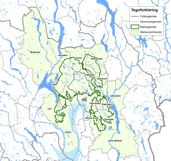 Kart over kommuner som har skog som omfattes av Skoglovas markaforskrift, markert med lys grønt.