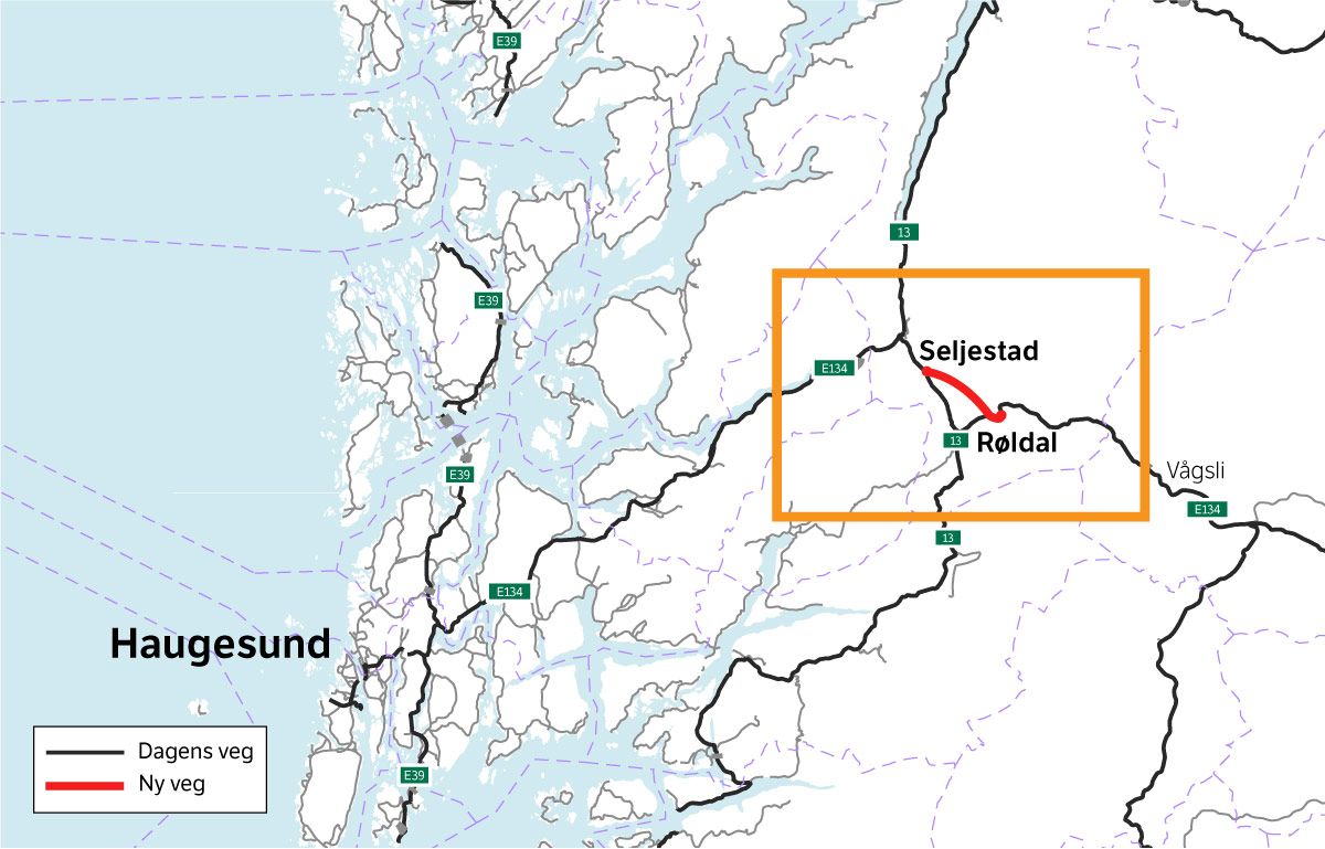 Figur 2.1 Oversiktskart for prosjektet E134 Røldal–Seljestad