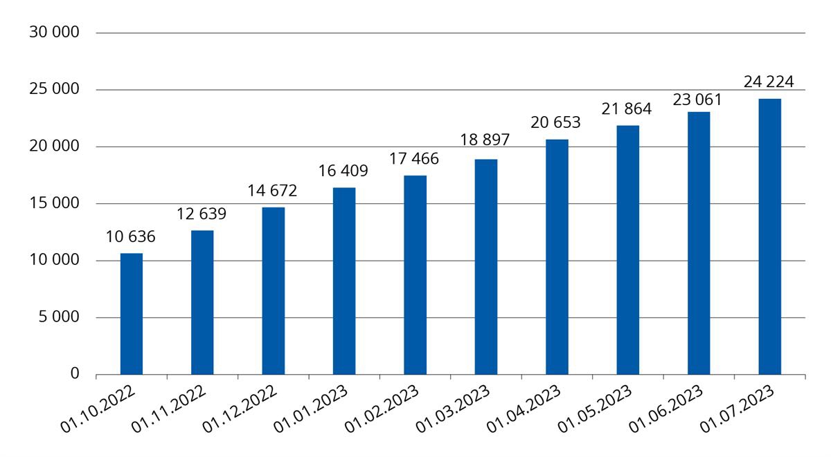 Søylediagram. Antall personer med kollektiv beskyttelse og rett til norskopplæring