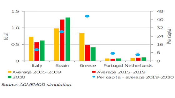 Figur 4. Forbruket av tomater i millioner tonn og kg pr innbygger.