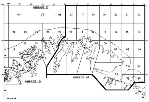 Figur 4.3 Fiskeridirektoratets statistikkart over Finnmark med inndeling i områder og lokasjoner