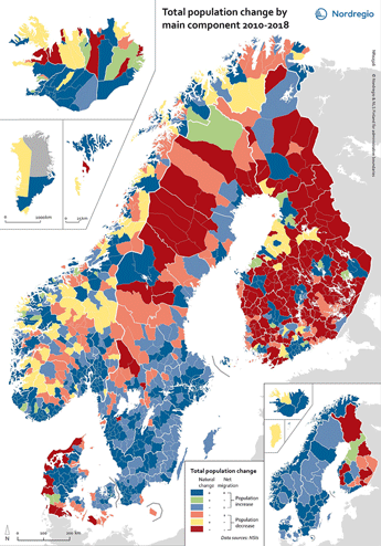 Figur 2.36 Endring i folketallet i nordiske kommuner etter fødselsoverskudd og nettoflytting (2010–2018)1
