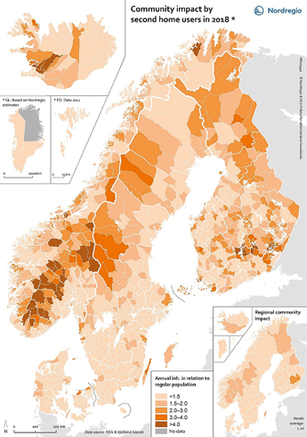 Figur 2.4 Antallet potensielle årsinnbyggere i forhold til antall registrerte innbyggere. Kommuner i Norden (2018)
