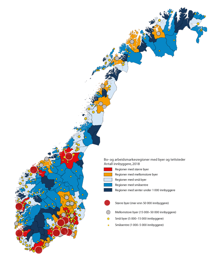 Figur 9.1 Bo- og arbeidsmarkedsregioner (BA-regioner), fordelt etter størrelse på største by eller senter i regionen1
