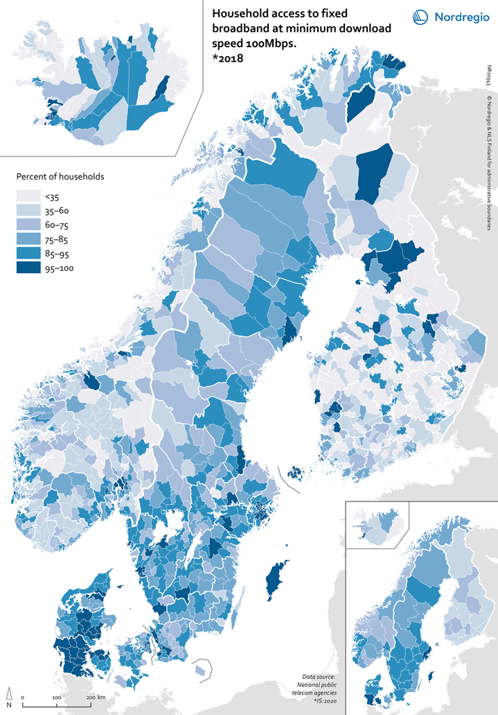 Figur 9.3 Nordiske husholdningers tilgang på kablet høyhastighetsbredbånd (100 Mbit/s) i 2018
