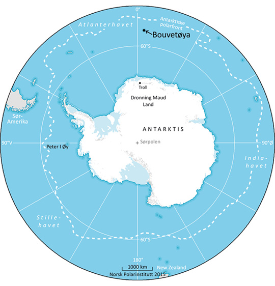 Figur 2.2 Bouvetøya ligger sør for den antarktiske konvergensen, eller polarfronten. Samtidig ligger den nord for 60 grader sørlig bredde, og er derfor utenfor virkeområdet for Antarktistraktaten.