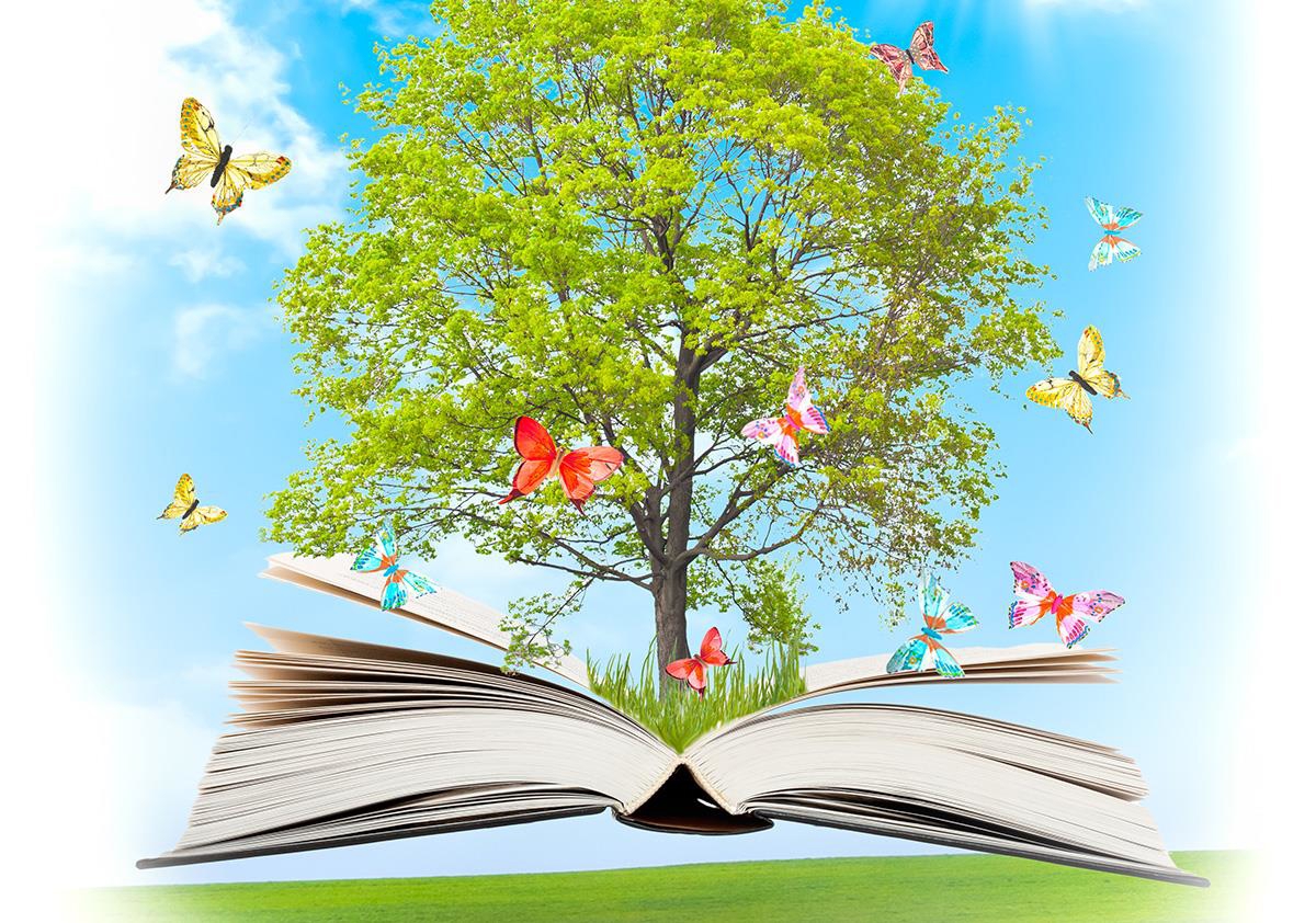 Tre som kommer ut av en åpen bok. Omgitt av sommerfugler.