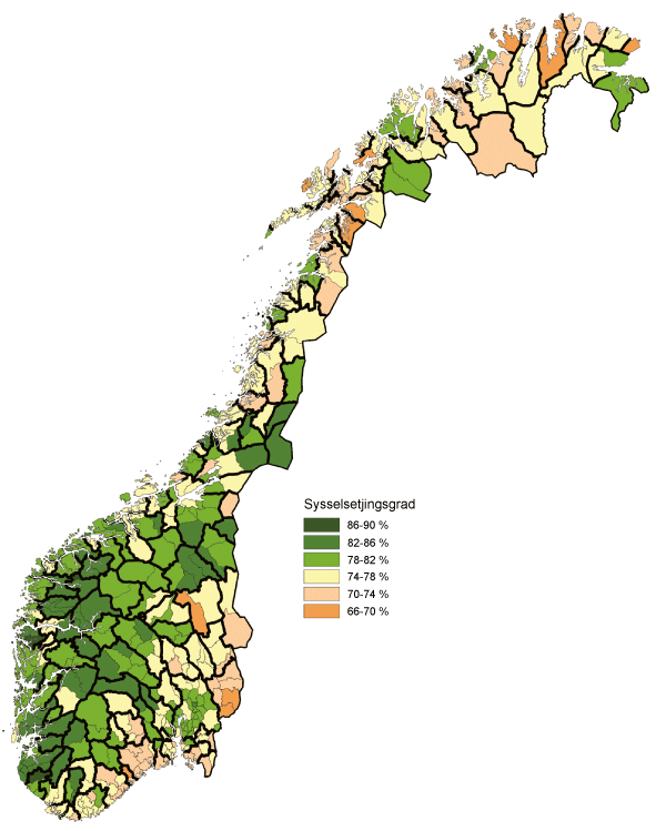 Figur 2.13 Sysselsetjingsgrad for befolkninga i alderen 20–66 år i norske kommunar og plassering i BA-regionar, 2011