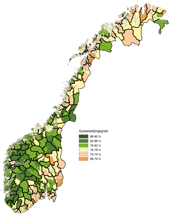 Figur 2.13 Sysselsetjingsgrad for befolkninga i alderen 20–66 år i norske kommunar og plassering i  BA-regionar, 2011