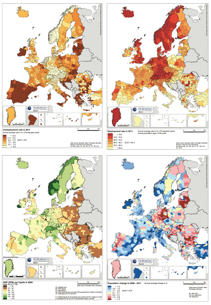 Figur 2.3 Arbeidsløyse, sysselsetjing, BNP per capita og folkevekst i europeiske regionar