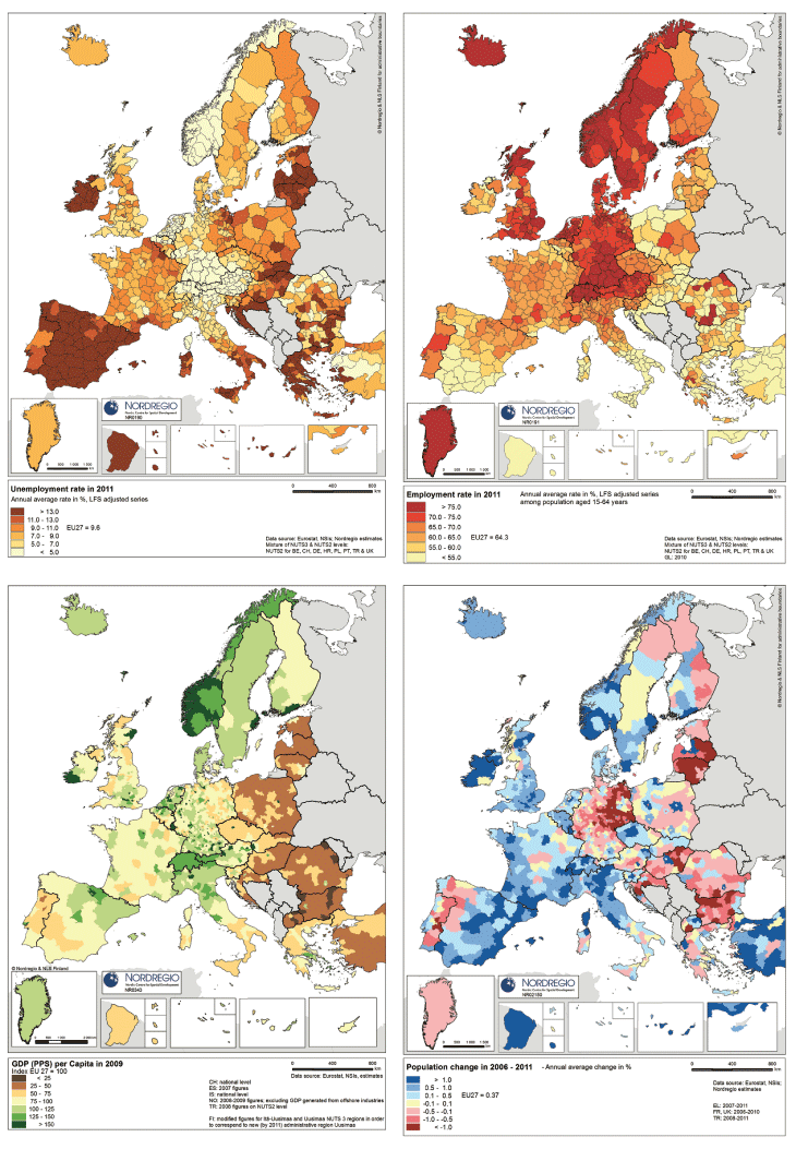 Figur 2.3 Arbeidsløyse, sysselsetjing, BNP per capita og folkevekst i europeiske regionar