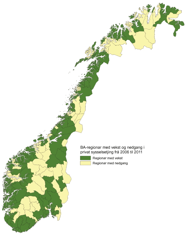 Figur 6.2 Bu- og arbeidsmarknadsregionar med vekst og nedgang i privat sysselsetjing frå 2006 til 2011