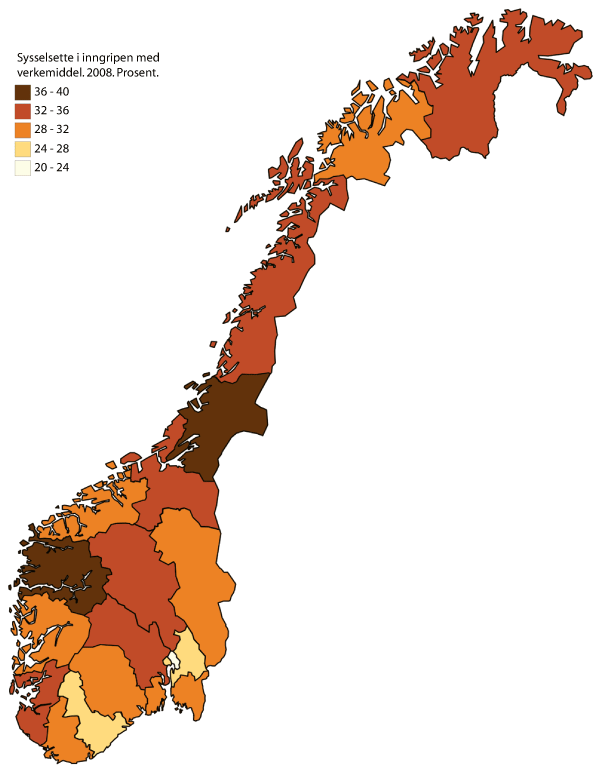 Figur 6.3 Sysselsette i innovasjonsaktuelle næringar etter fylke. 2008. Prosent av sysselsetjinga i bedrifter med tilsegn frå Noregs forskingsråd, ny tilsegn frå Innovasjon Noreg, godkjent SkatteFUNN-frådrag eller lokaliserte i SIVA-anlegg