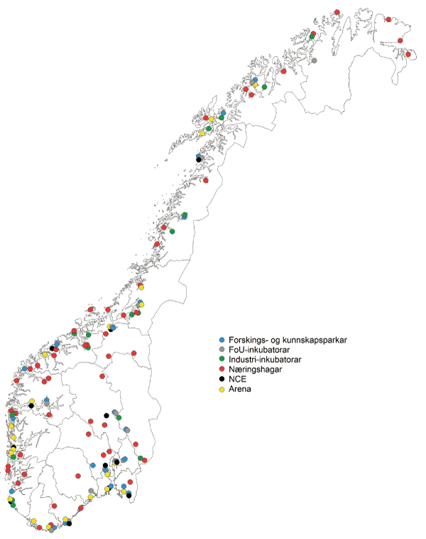 Figur 6.5 Kart over innovasjonsnettverket i regi av SIVA (2012) og NCE- og Arenaprosjekt i perioden 2002–2012
