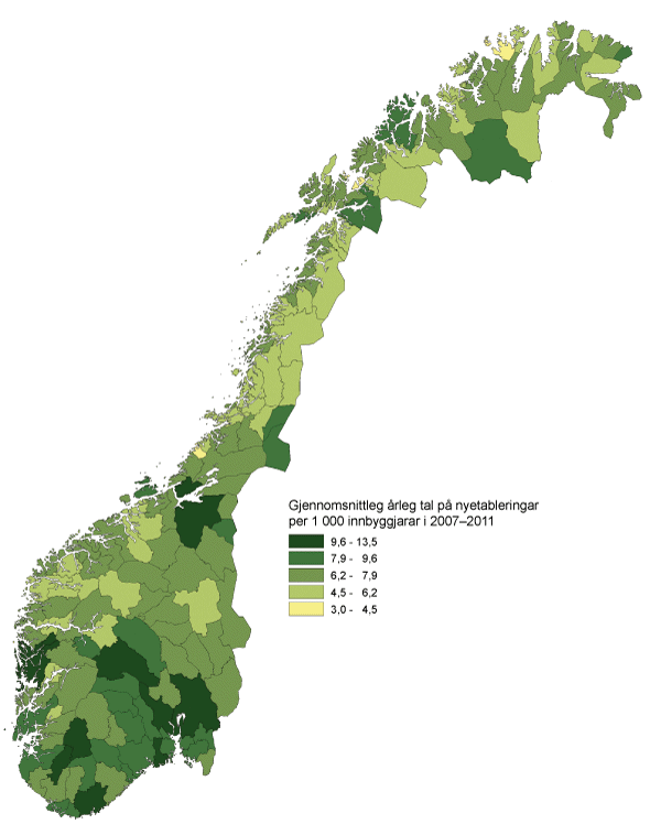 Figur 6.6 Gjennomsnittleg årleg tal på nyetableringar per 1 000 innbyggjarar i 2007–2011, ekskl. offentleg sektor og primærnæringar