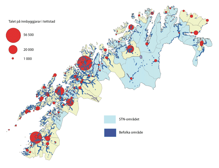 Figur 8.3 STN-området og tettstader i Noreg nord for Saltfjellet per 2011