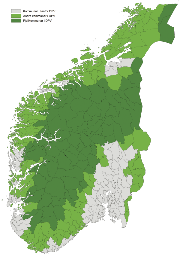 Figur 8.5 Det distriktspolitiske verkeområdet (DPV) og fjellområdet i Sør-Noreg. Fjellkommunar med minst 50 prosent av arealet minst 700 meter over havet1