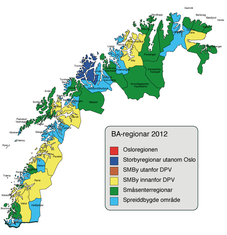 Figur 1.1 Bu- og arbeidsmarknadsregionane i Noreg anno 2012
