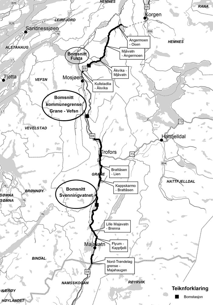 Figur 2.1 E6 Helgeland sør – delstrekningar og bomstasjonssnitt