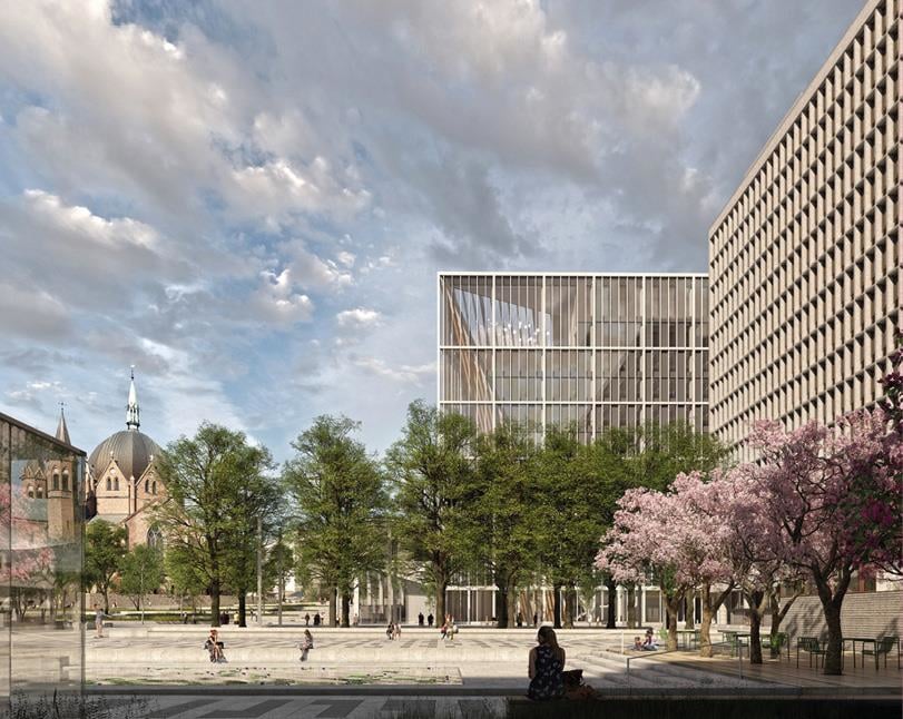 En illustrasjon av A-blokken og det nye regjeringskvartalet i Oslo. Kreditering: Statsbygg / Team Urbis / Nordic Office of Architecture