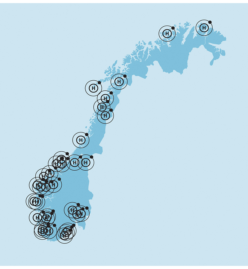 Figur 4.23 Kart over et utsnitt hydrogenprospekter og prosjekter i Norge.
