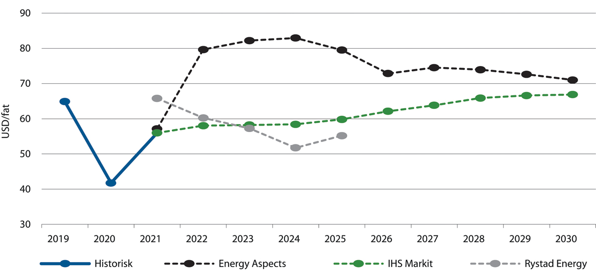 Figur 5.24 Ulike analysemiljøers anslag for oljepris mot 2030, USD/fat.
