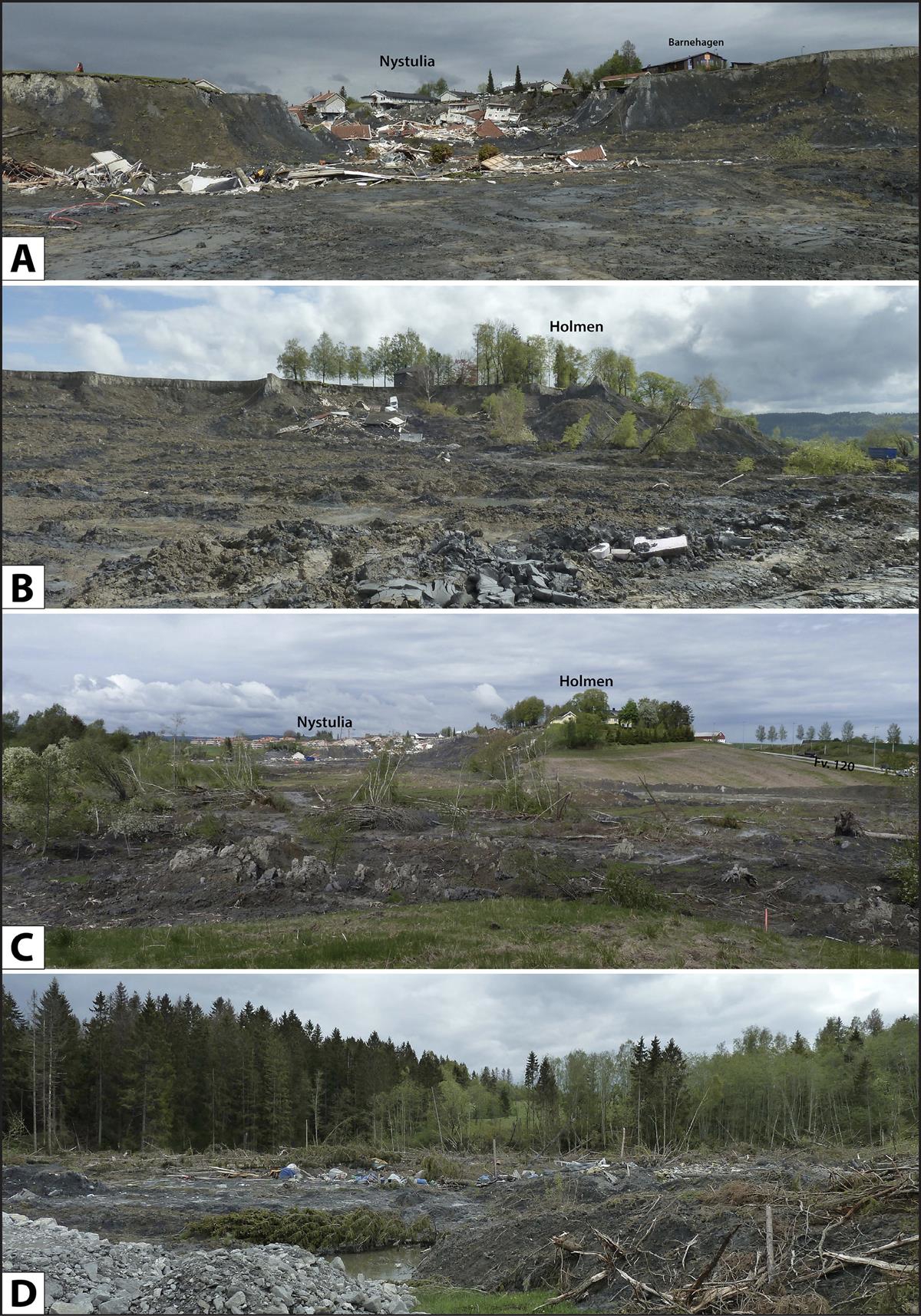 Foto fra skredområdet tatt 25. mai 2021. A: I skredgropa mot Ny-stulia. B: Fra skredgropa mot Holmen. C: Skredgropa og deler av utløpsom-rådet fra sør. D: Skredmasser nederst i utløpsområdet (ved Hval), hvor det ligger bygningsrester fra Holmen. Foto I.L. Solberg.