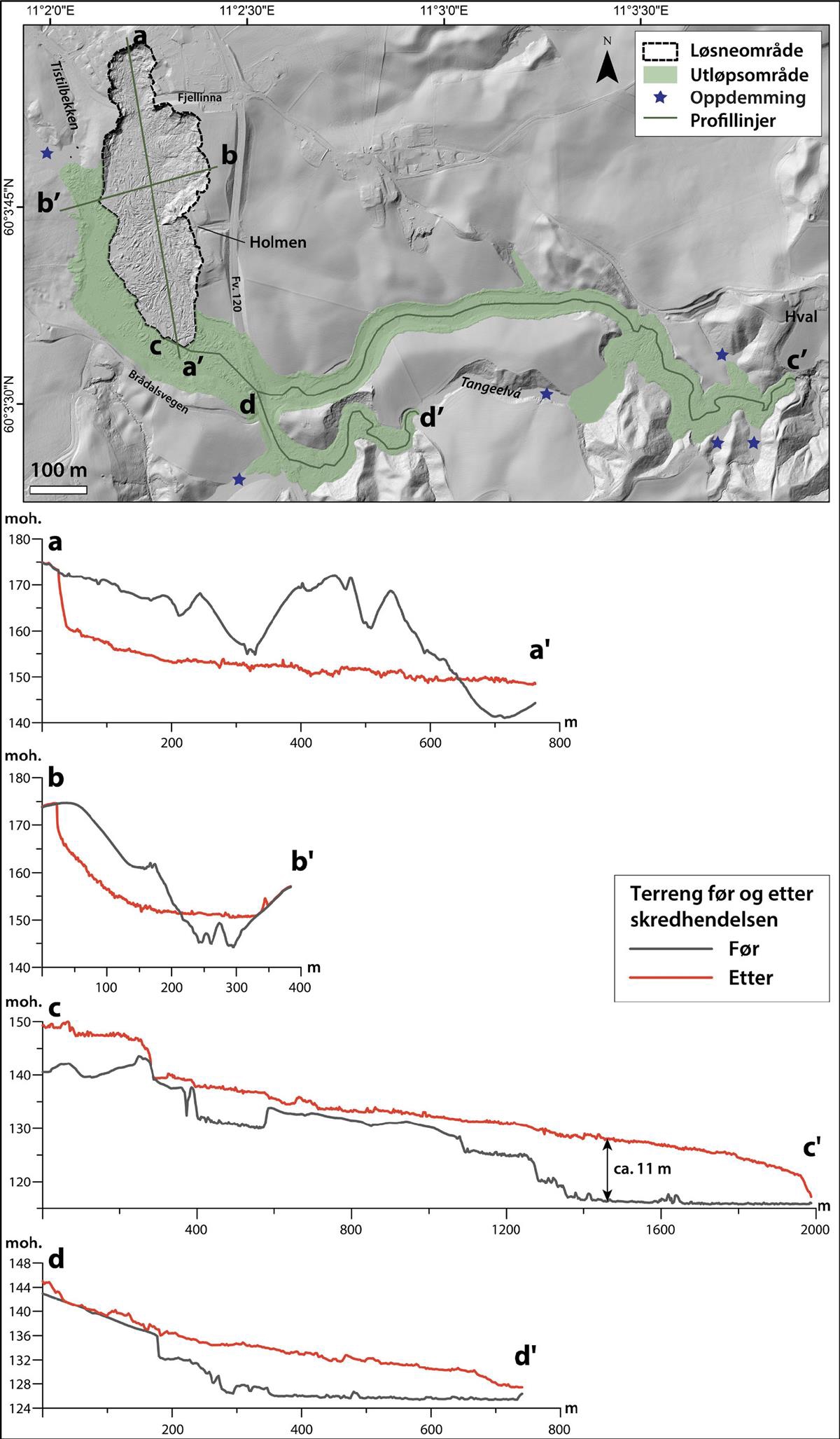 Oversikt over skredets løsneområde og utløpsområde, samt profi-ler fra disse (laget av NGU).