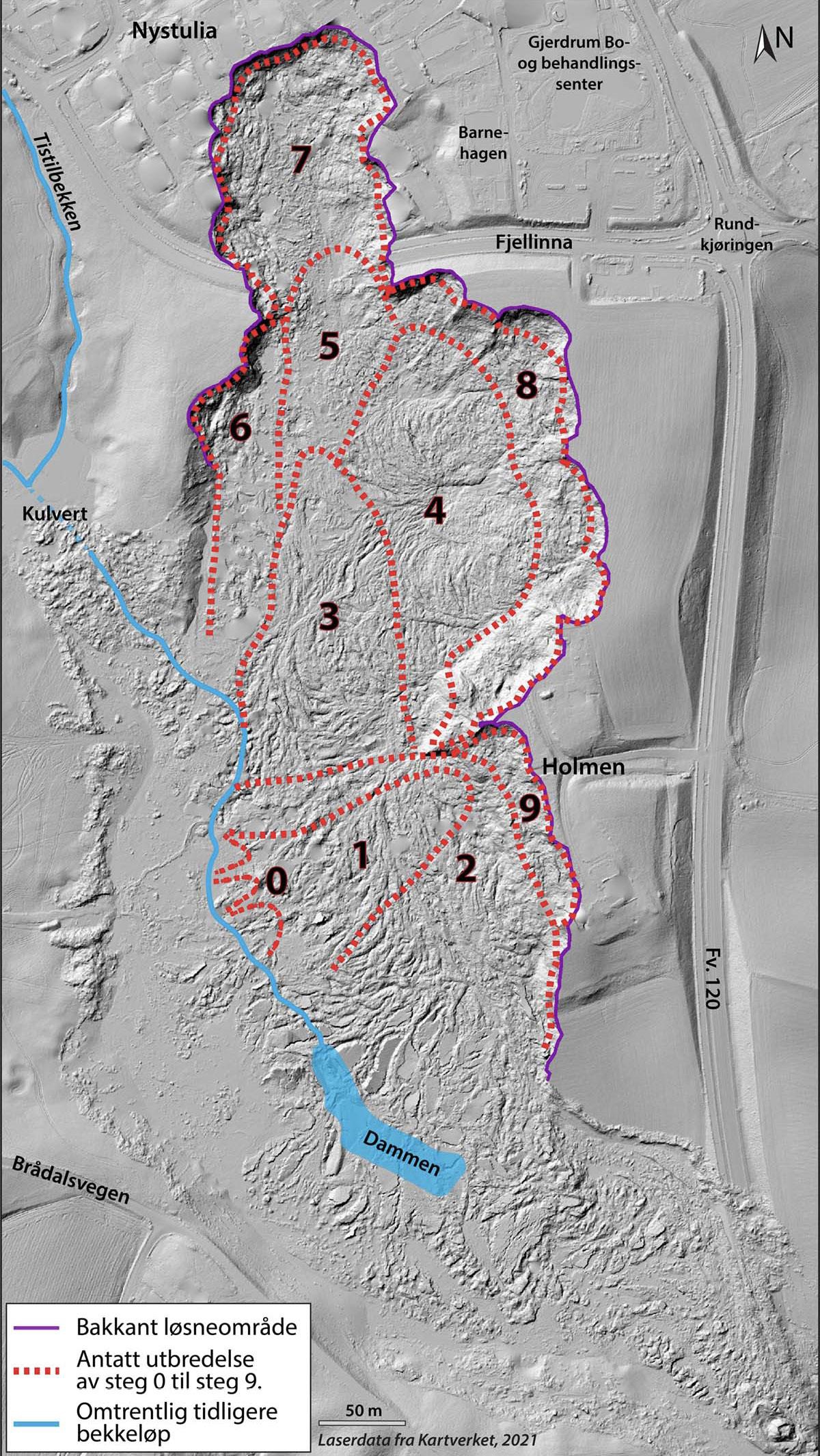 Oversikt over hovedstegene slik utvalget antar skredforløpet var 30. desember 2020. Skredet startet trolig som en liten utglidning nede i Tistil-bekken (steg 0). På grunn av kvikkleire og svært dårlig stabilitet i skråningen i bakkant, forplantet skredet seg bakover slik at hovedskredet startet (steg 1). Etterskredene (steg 10) som gikk dagene og månedene etter 30. desember er ikke vist her.