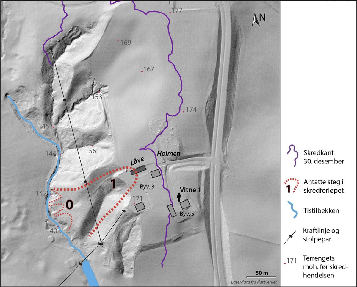 Skredet 30. desember 2020 startet trolig som en liten utglidning ned i Tistilbekken (steg 0). På grunn av kvikkleire og svært dårlig stabilitet i skrå-ningen i bakkant forplantet skredet seg bakover slik at hovedskredet startet (steg 1).