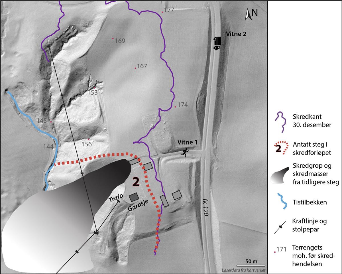 Etter at første del av hovedskredet raste ut, forplantet skredet seg sideveis og bakover i steg 2. Strømmen ble brutt, noe som resulterte i et kraftig lysglimt observert av vitne 2.