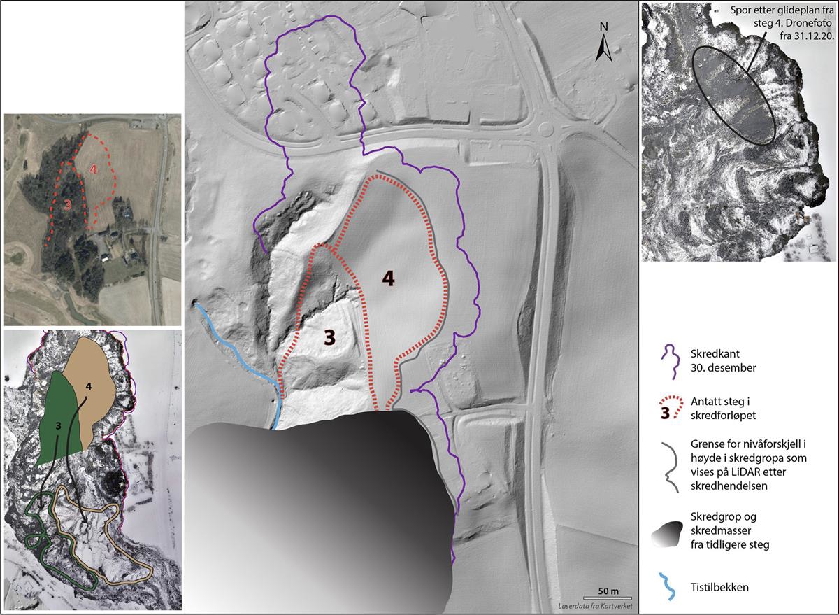 Skredet forplantet seg videre nordover i steg 3 og 4. Tørrskorpeflak med skog og dyrket mark lå sør i skredområdet.