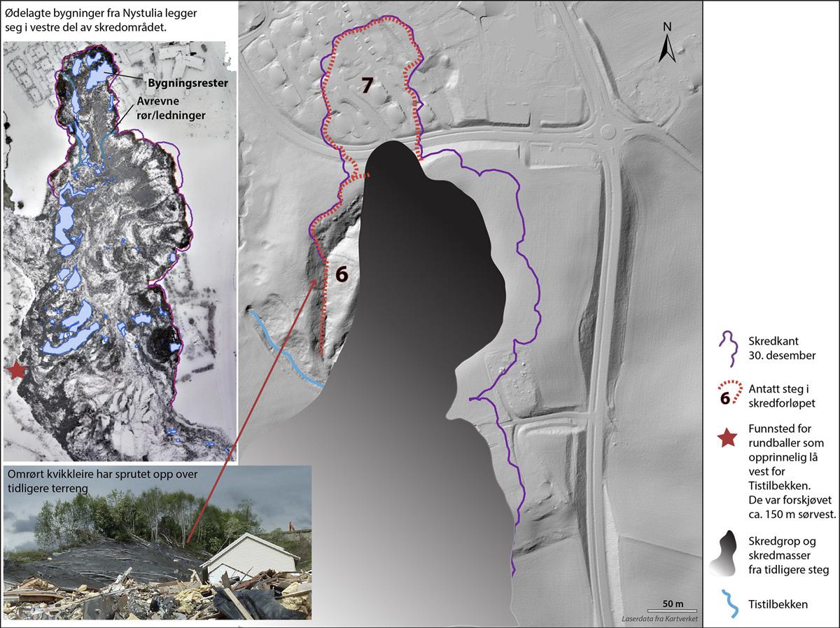 Steg 6 raste ut like før steg 7. Bygningsrester fra Nystulia ble liggen-de i den vestre delen av skredområdet.