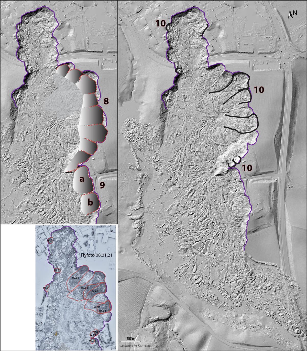 Skalker langs den ustabile østre kanten (steg 8) raste ut etter steg 4 og trolig samtidig med de etterfølgende stegene. Steg 9 raste ut på dagtid 30. desember. Steg 10 var nye skalker som skled ut fra den bratte skredkan-ten i øst og nord de påfølgende dagene og videre i 2021.