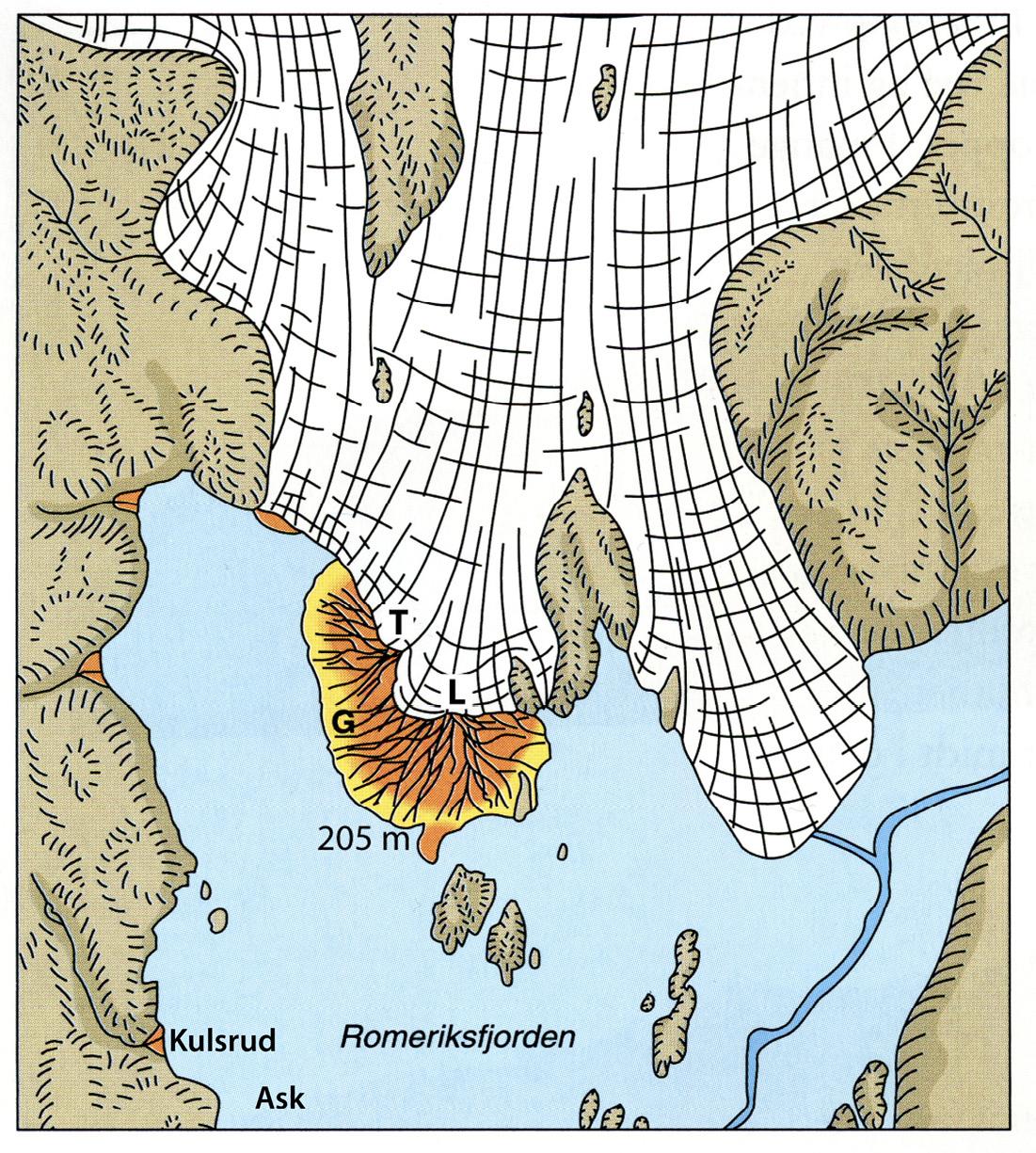 Romerike for ca. 9 500 14C-år siden. Israndavsetningen ved Hauers-eter består av flere deler som har vokst sammen (G = Gardermoen). Deltaet ble bygget opp til og over havnivået, og på toppen er det en sandur. Figur modifisert fra (Bargel, 2005)