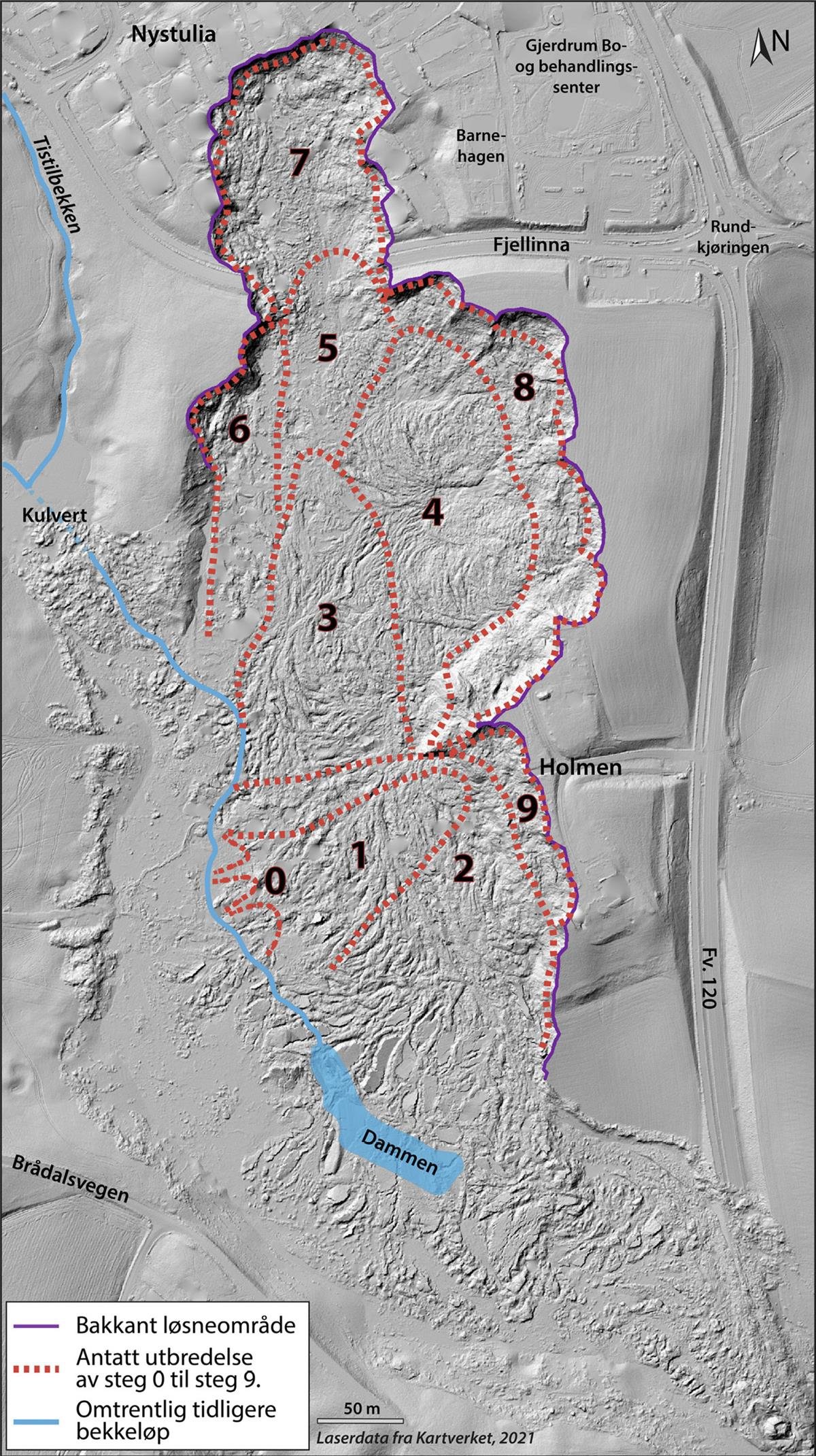 Oversikt over hovedstegene slik utvalget antar skredforløpet var 30. desember 2020.