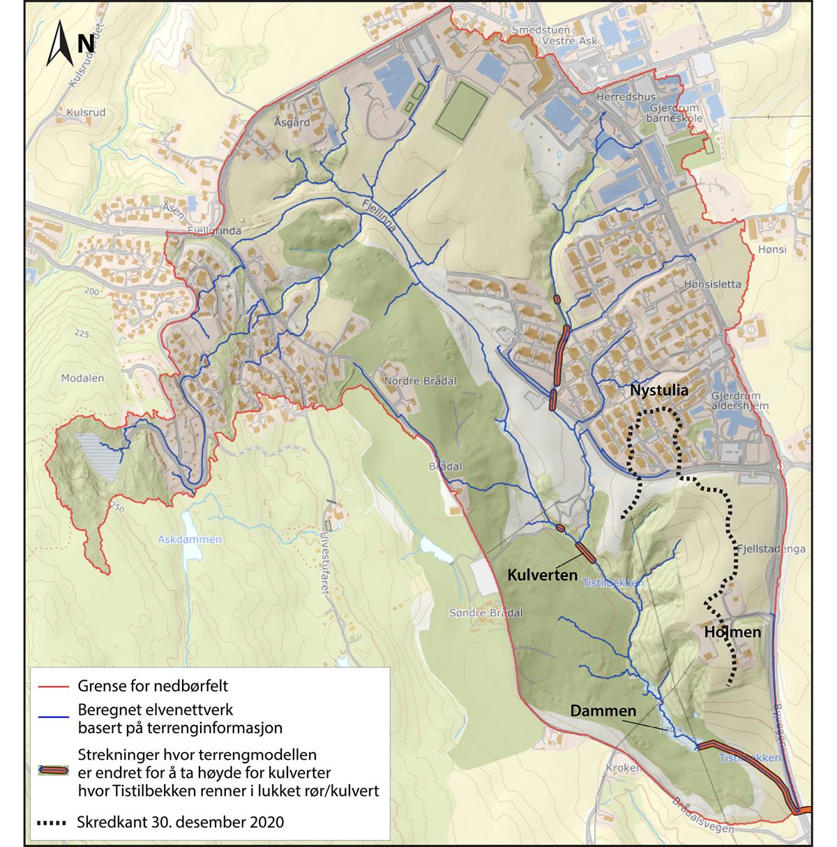 Kart fra før skredet med nedbørfeltet til Tistilbekken. Modifisert fra (NVE, 2021)