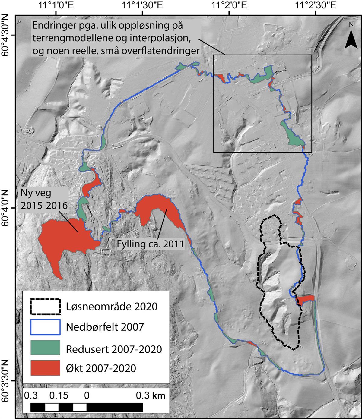 Endringer i nedbørfeltet til Tistilbekken fra 2007 til 2020. Analysene er basert på terrengmodeller og inkluderer derfor ikke rør o.l. som ligger under overflaten (Penna & Solberg, 2021).